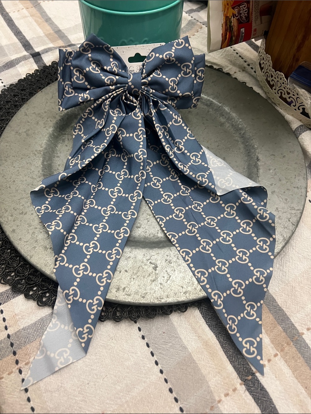 Navy Patterned Decorative Bow Accent